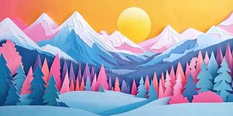 Wall Mural - Sunlit snowy mountains and forests amidst the alpine landscape, Snowy mountains and forests in a sunlit alpine landscape