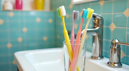 A row of toothbrushes are sitting in a glass on a bathroom sink