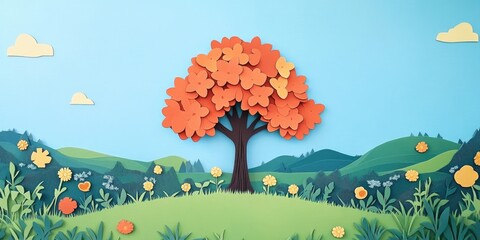 Sticker - Vibrant tree amidst lush meadows under a clear blue sky, Lively tree in green meadow with clear sky