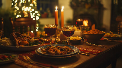 Festive dinner setting with delicious dishes and warm candlelight during a cozy evening