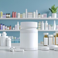 White plastic pill jar with peel-off label effect, placed in a pharmacy setting, soft natural lighting, Plastic Jar, Interactive Product Mockup