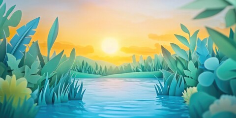 Wall Mural - Lush grass thriving in calm waters under bright sunshine, Vibrant grass flourishing in serene waters with sunny illumination