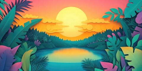 Wall Mural - Sunset casting a warm glow over a tranquil lake surrounded by dense forest, Tranquil lake at sunset with warm glow and dense forest