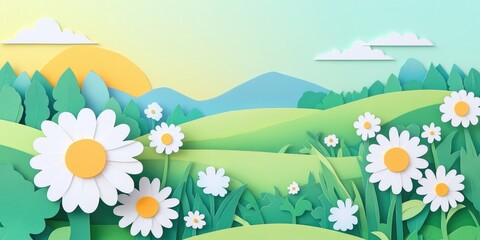 Poster - White flower field in a scenic park setting, Floral landscape in a picturesque park