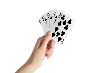 Poker game. Woman holding playing cards on white background, closeup