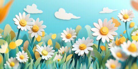 Poster - Vibrant backdrop featuring a dense cluster of daisies in a spring setting, Bright floral background showcasing a thick arrangement of daisies in a spring environment