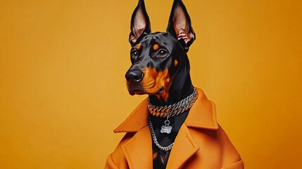 Black and Tan Doberman Pinscher Wearing an Orange Coat and a Silver Chain Collar