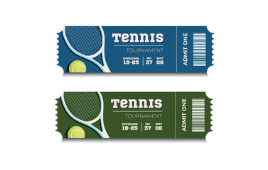 Vector sport tickets isolated on white background. Tennis ticket card template. Card invitation, event and date, place sector. Ticket icon for website. Tennis Tournament.Racket for tennis and ball.