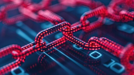 Close-up of a digital blockchain network with red links and binary code background, representing advanced technology and data security.