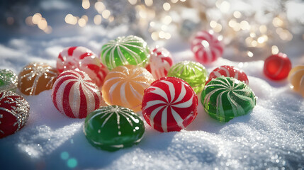 Colorful candy ornaments scattered on snow, creating a festive winter atmosphere.