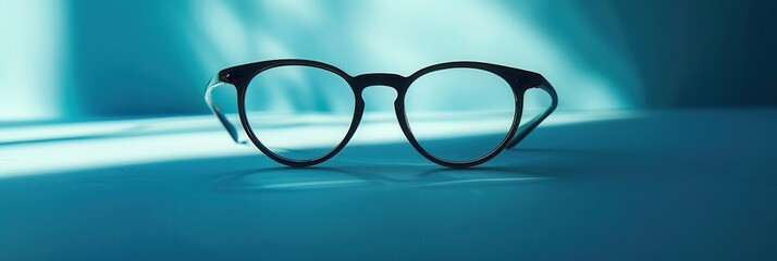 Aufkleber - A pair of elegant eyeglasses sits on a flat surface, glowing under gentle blue lighting, adding charm to the indoor space. Generative AI