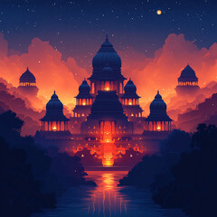 Poster - A majestic palace with glowing windows and a reflecting pool is bathed in the warm light of sunset.