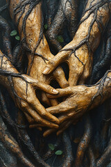 A sculpture of three hands holding each other with branches in between. The sculpture conveys a sense of unity and connection between the three hands