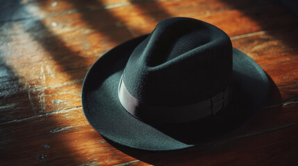 A close-up of a stylish black hat resting on a wooden table, with soft light casting shadows, creating an elegant atmosphere