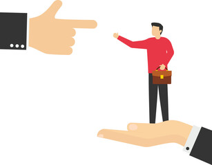 Tiny businessman standing on giant hand pointing in opposite direction. Employee conflict direction, argument between coworker, different thought, disagreement or opposite way, decision issue concept.