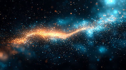 Abstract swirling blue and orange light with bokeh effect in dark background.