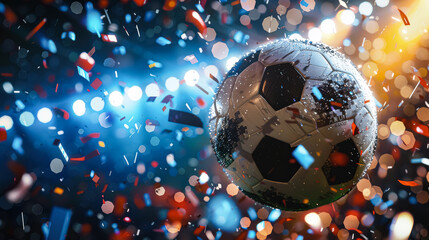 Soccer ball is surrounded by a lot of debris, giving the impression of a chaotic and violent scene