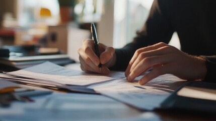 Poster - A person is writing notes on papers at a desk, surrounded by documents, conveying a focused work or study environment.
