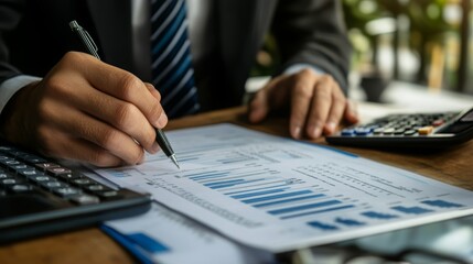 Leinwandbilder - A person in a suit writes on a document with graphs, surrounded by financial tools like a calculator, indicating a business or financial analysis setting.