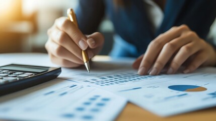 Aufkleber - A focused person analyzes financial documents and charts while writing notes with a pen beside a calculator.
