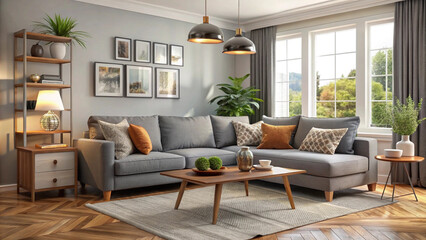 A living room with a couch coffee table and a plant on the table