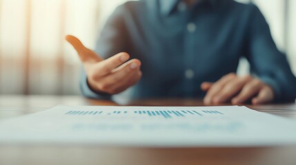 A consultant s hand gesturing while explaining a financial chart on a table, hand gestures, financial consulting