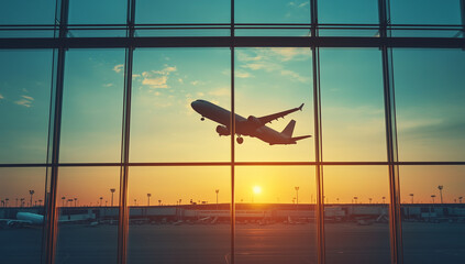 Airplane silhouette against window with light background, airplane in flight at airport terminal and panoramic windows. Concept of travel, vacation time, or journey to new places.