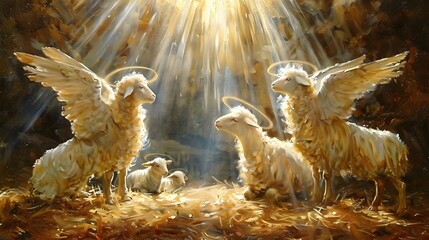 An oil painting of the nativity, where angels act as silent guardians above baby Jesus. Their gentle light fills the stable, creating a peaceful,