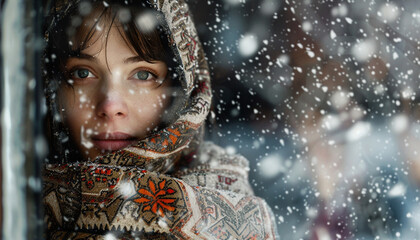 Looking out the window, a young brunette woman wearing a Scandinavian print poncho while the view outside is blurred and covered with snow. Snow and winter illustration.