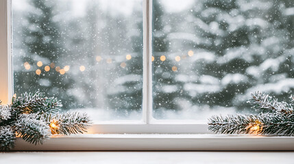 Cozy winter scene of a snow-covered window decorated with Christmas lights, looking out onto a snowy forest.