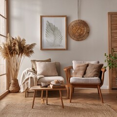 Farmhouse interior design of modern living room, home. Classic chair and sofa against wall with poster frame.