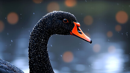 Close up portrait of a black swan with an orange beak and dark brown eyes in a soft focus background of water and bokeh.