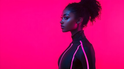 Powerful and determined multiracial woman wearing a high tech athletic bodysuit stands confidently against a bold magenta studio background exuding a sense of strength innovation and modern style