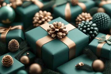 Joyful Holiday Surprise Teal Gold Gift Boxes with Festive Decorations for a Playful Christmas Celebration