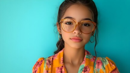 A confident and cheerful Latina teenage girl strikes a playful pose wearing a vibrant retro inspired outfit against a plain turquoise studio background