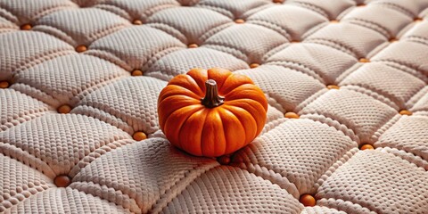 Sticker - Small pumpkin resting on a quilted beige surface.