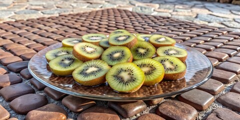 Poster - Slices of kiwi fruit arranged on a textured glass plate.