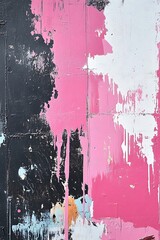 Aufkleber - An abstract image featuring splashes of pink, white, and black paint with a textured, dripped effect on a weathered surface.