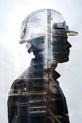 Construction Worker Silhouette Overlapping with Building Scaffolding