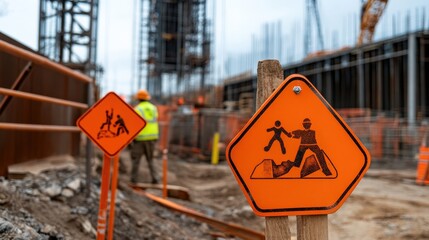 A close-up of safety signs posted at a construction site, reminding workers of proper precautions