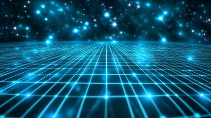 Abstract glowing blue grid with light bursts in the background