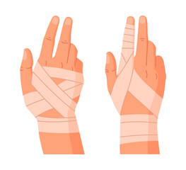 Wall Mural - injured human hands. bandaged wrists and fingers, damaged arm parts, emergency treatment for bones f