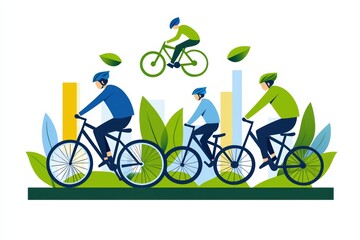 Illustration of cyclists riding bicycles in a lively green environment, promoting outdoor activities.