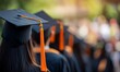 © Resni AI - A line of graduates in black gowns and caps with orange tassels, facing away from the camera, with a blurred background of other people and green trees.