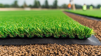 Close-up of artificial turf installation on a sports field, showcasing vibrant green grass and black backing.