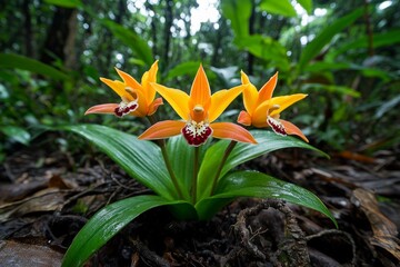 Orchids growing wild in a jungle, with their colorful blooms standing out against the dense foliage and twisted vines, showcasing their natural beauty in the wild