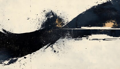 Aufkleber - An abstract artwork featuring sweeping black strokes and gold accents on a light background, conveying movement and contrast.