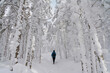 © romylee - woman hiking up a snowy covered trail in the White Mountains