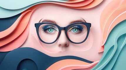 Aufkleber - Eyeglasses are showcased in front of a vibrant and creative background, featuring abstract stylized eye designs that enhance their appeal. Generative AI
