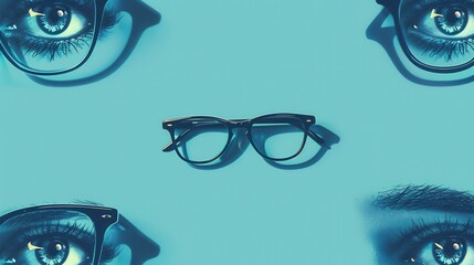 Aufkleber - A pair of stylish eyeglasses is positioned in the center surrounded by creatively illustrated eyes in bold colors, creating a striking effect. Generative AI